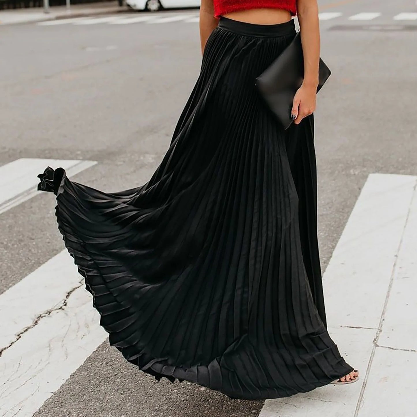 MQTIME  -  Women's Fashion High Waist Big Swing Maxi Skirts Vintage Bohemian Solid Color Pleated Long Skirt Female Holiday Beach Wear