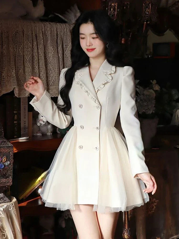 nvxiot-Spring Elegant Blazer Dress Women Lace Patchwork Party Mini Dress Female Button Casual Korean Fashion Y2K Bow Kawaii Dress 2024