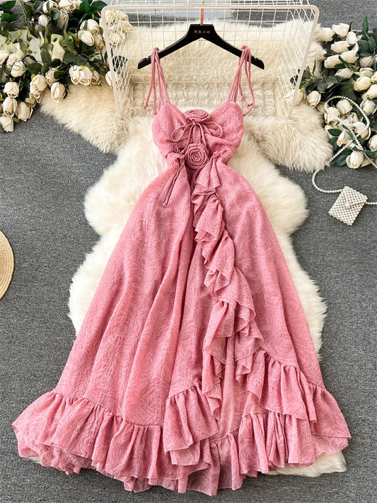 nvxiot  -  Sexy Irregular Rufflfes Beach Dress Women Summer Backless Halter Bandage Pink Long Dresses Ladies Elegant Party Dress Vestidos