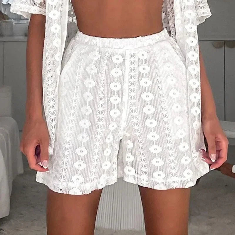 MQTIME  - Sexy Women Lace 2-piece Set Summer Women  Shorts Sets 2024 New Casual White Lace Hollow Short Sleeve Cardigan+Shorts Set