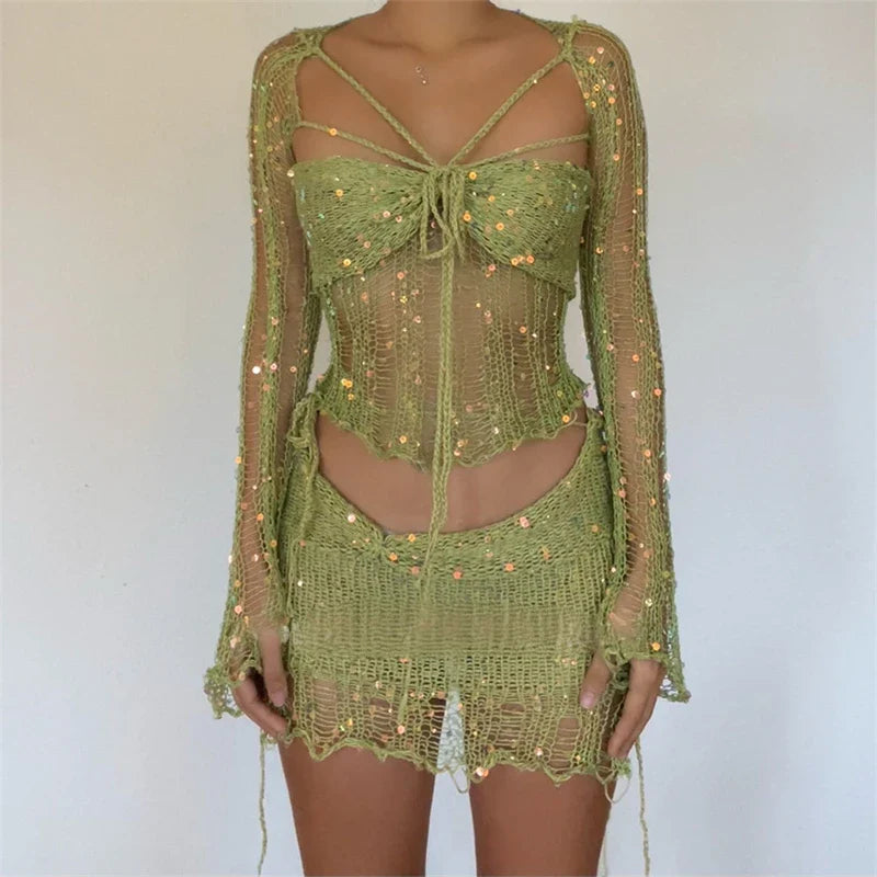 nvxiot  -  Sequins Knitted 3 Piece Sets Women Sexy Long Flare Sleeve Cape  Lace Up Strapless Crop Tops Bodycon Mini Skirts Sexy Club Suits