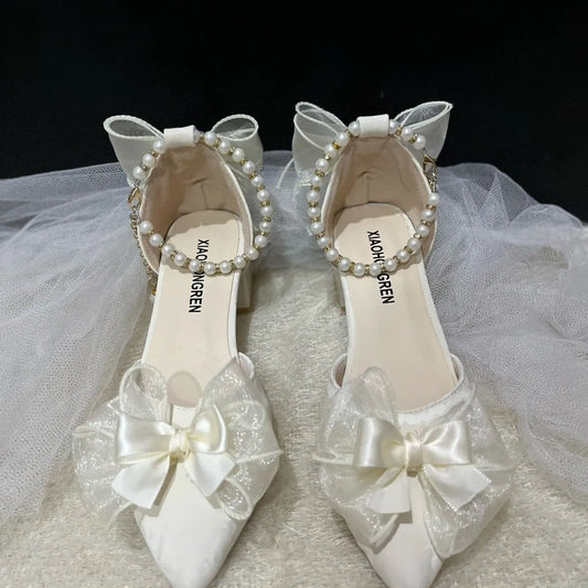 nvxiot Bow Wedges Shoes for Women Pearl White Y2k Lolita Slingback Shoes Women Kitten Heel Japanese School Shoes