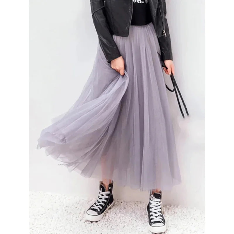 nvxiot stylish dress 2024 Vintage Elegant Skirt Women Streetwear Elastic High Waist Mesh Pleated Skirts Summer Korean A Line Office Ladies Skirt New