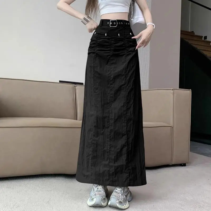 MQTIME  -  American Grey Casual Cargo Skirt Summer High Street Spicy Girl Pleated High Waist Back Split Wrap Hip Slim Long Skirt for Women