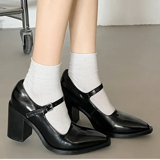 nvxiot Mary Jane Pumps For Women Girls Fashion Brand New Chunky Heel Wedding Dress Shoes Spring Pointed Toe Buckle Single Shoes