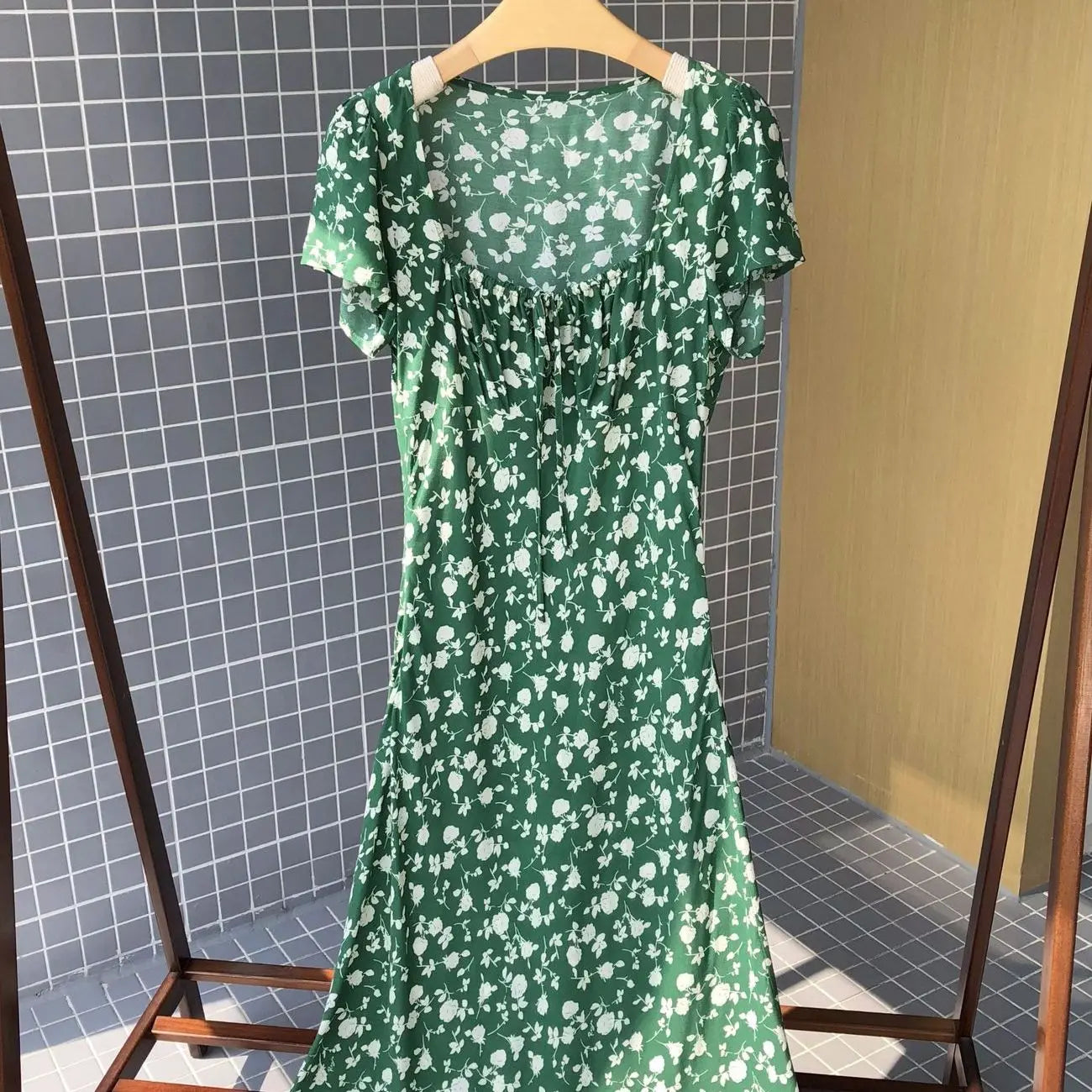 nvxiot Women Short Sleeve 100% Viscose Mid-Length Dress Casual A-Line Summer New Female Square Collar Green Print Long Robe