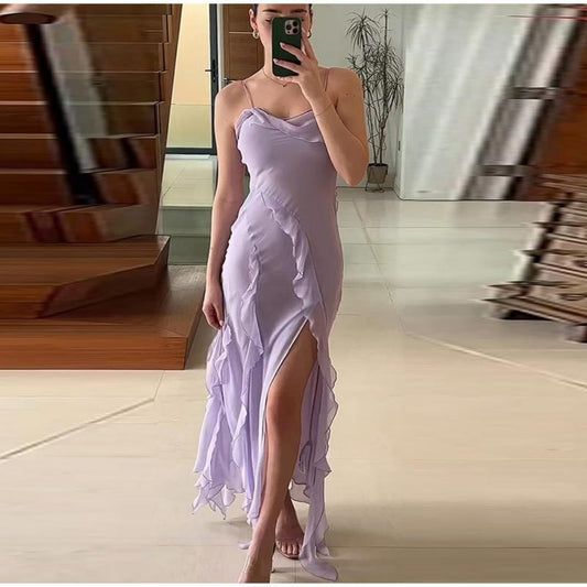 nvxiot Lilac Chiffon Ruffle Dress Summer Women Elegant Spaghetti Strap Maxi Dress 2023 Sexy Split Backless Evening Party Dresses Outfit