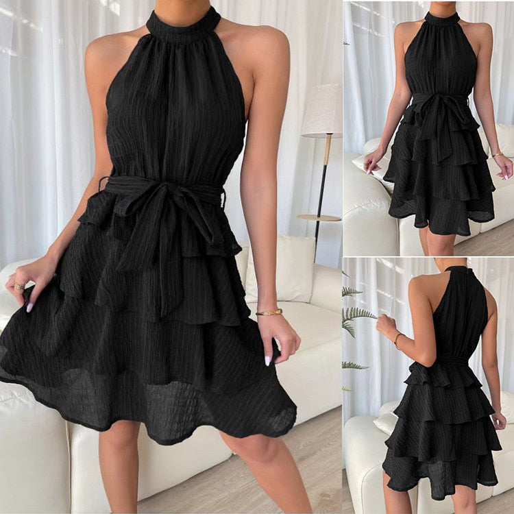 nvxiot Fashion Women's Dresses Vestidos Streetwear Sexy Patchwork Sleeveless Ruffled Skirt Elegant Ladies Vacation Mini Dress for Women