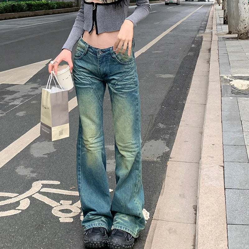 nvxiot Streetwear Geometric Y2K Print Casual Washed Jeans Women Spring New Korean Low Waist Do Old Sexy Slim Wide Leg Pants