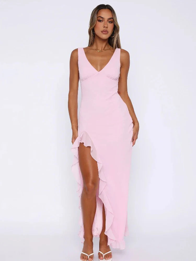 nvxiot Off Shoulder Backless Dress Women Sexy Ruffles Side Split Floor-length Bodycon Dresses 2024 Spring Summer Ladies Irregular Robe