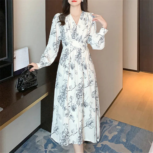 nvxiot-New Vintage Floral Dress for Women with Long Sleeves Office Lady V-neck Elegant Chic Ladies Slim Print Dresses Autumn Fashion