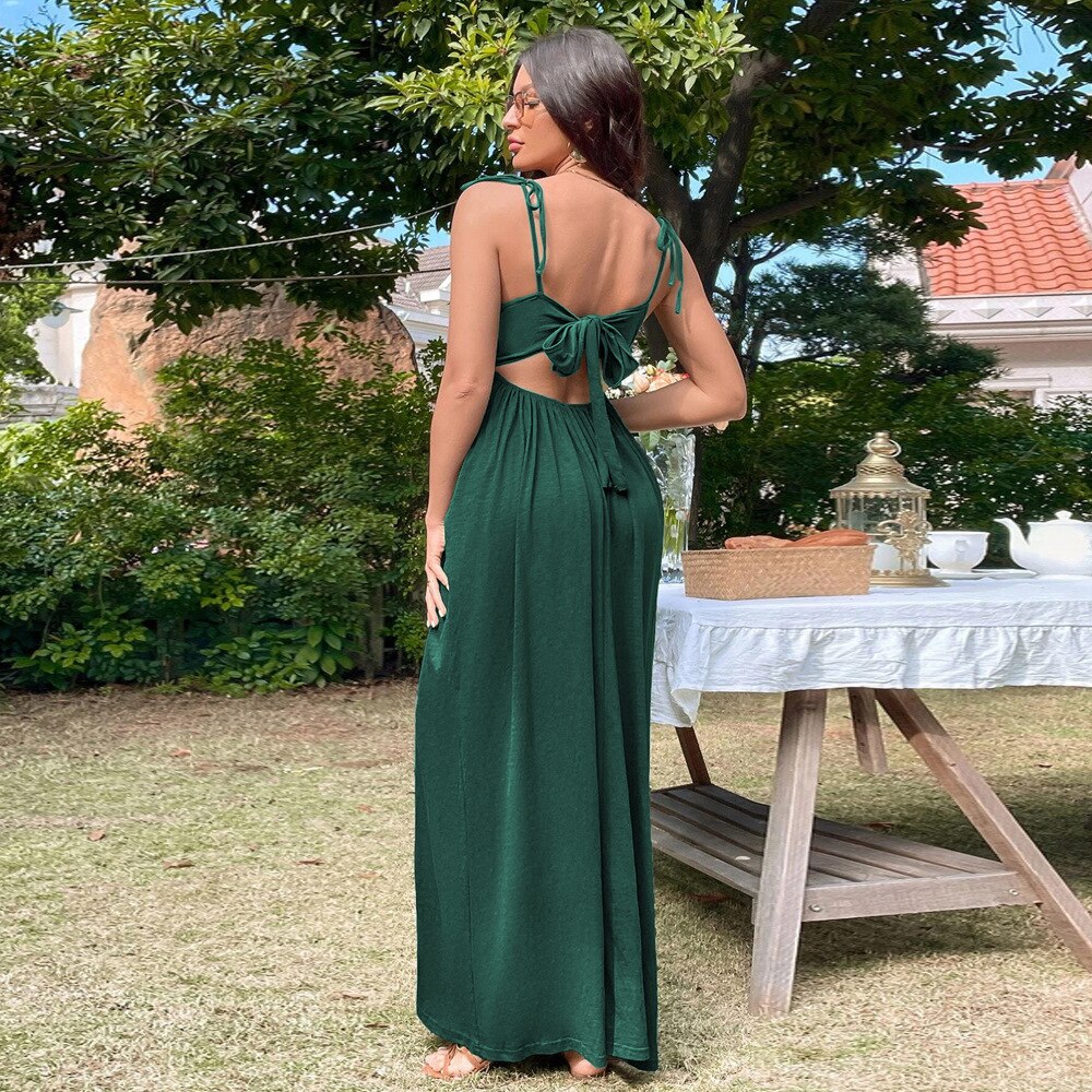 nvxiot 2023 women's new resort style beach long dress sexy backless waist A-line slip dress