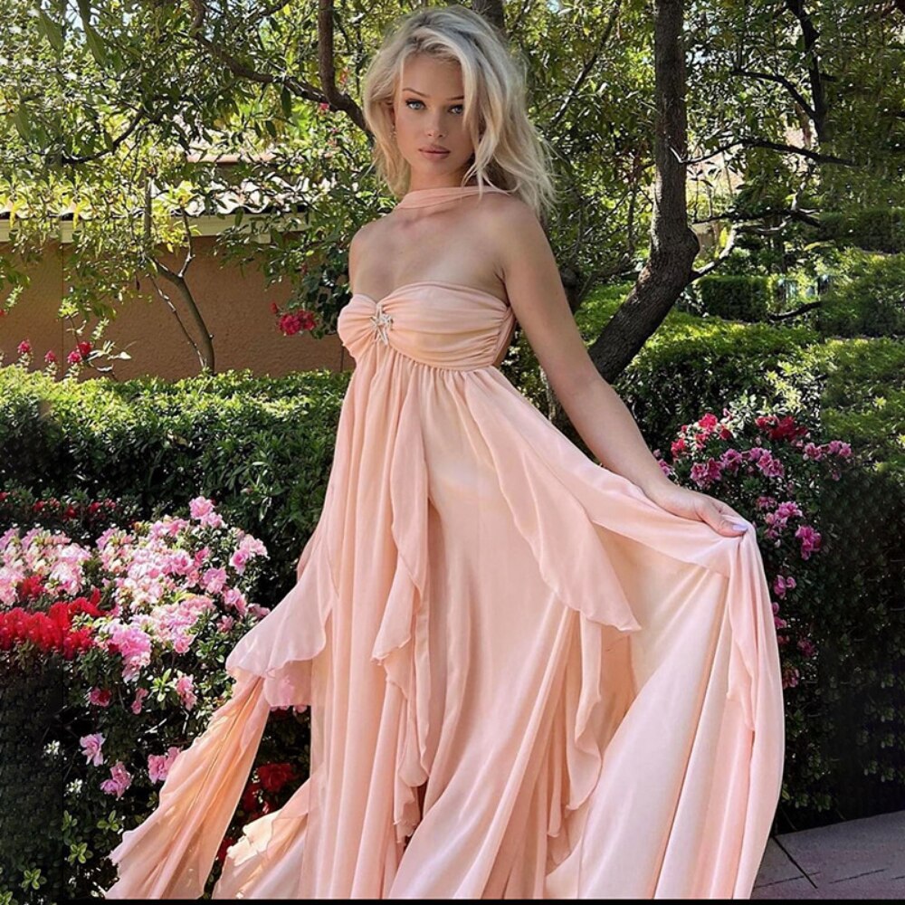 nvxiot Y2K Ruffles Fairy Dress Women Pink Mesh Strapless Maxi Dress Summer Irregular Sexy Backless Party Dress 2023 Summer Beach Outfit