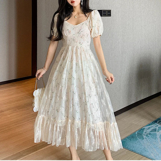 nvxiot stylish dress French Floral Print Vintage One Piece Dress Women Puff Sleeve Princess Y2k Casual Midi Dress Female Lace Chic Dress 2024 Summer