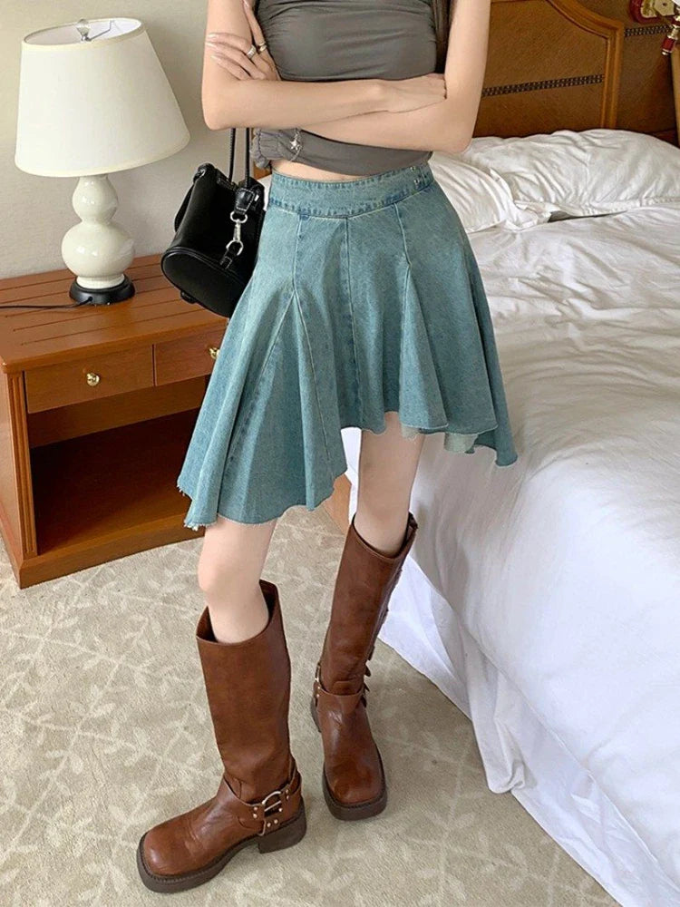 MQTIME  - Vintage Irregular Denim Skirt Y2k High Wasit Pleated A-line Summer Skirts for Women Sexy Girl Washed Aesthetics Clothes