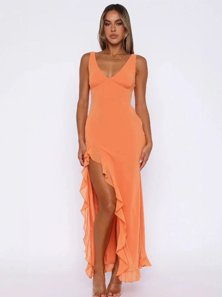 nvxiot Off Shoulder Backless Dress Women Sexy Ruffles Side Split Floor-length Bodycon Dresses 2024 Spring Summer Ladies Irregular Robe