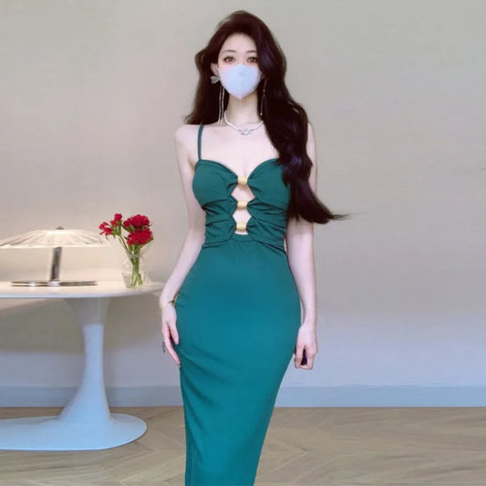 MQTIME  - Sexy Banquet Dress Women Open Back Hollowed Out Sheath Long Dress with Suspender Green Evening Party Bodycon Vestidos Femme