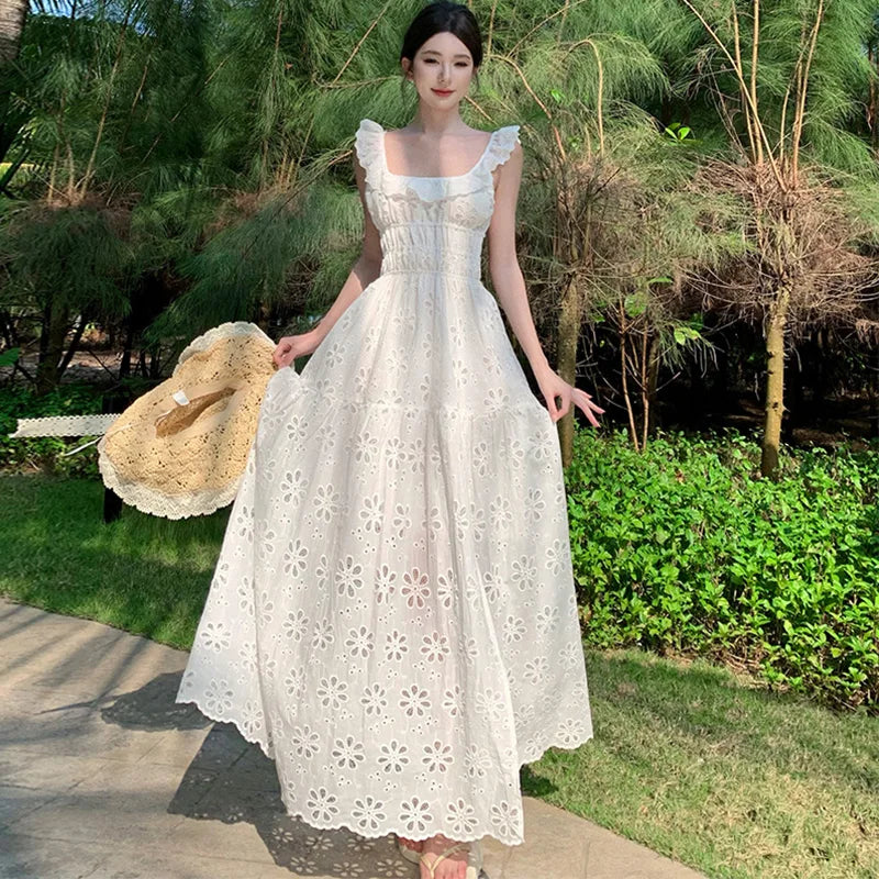 MQTIME  -  2024 New White Embroidery Floral Long Dress Women Elegant Ruffled Square Collar Sling Casual Dress Summer Korean Bodycon Dresses