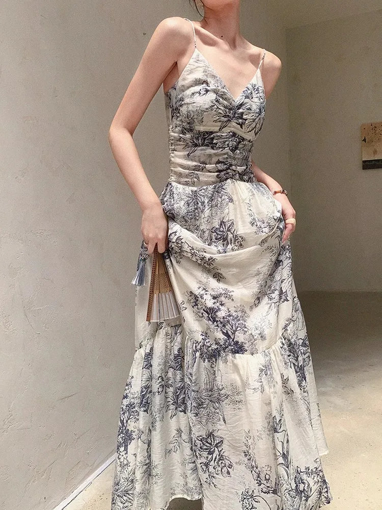 MQMITE  -  Chinese Style Sleeveless Camisole Dress For Women With Summer Design Sense, Ink Painting Waistband Slim Fit Long Skirt