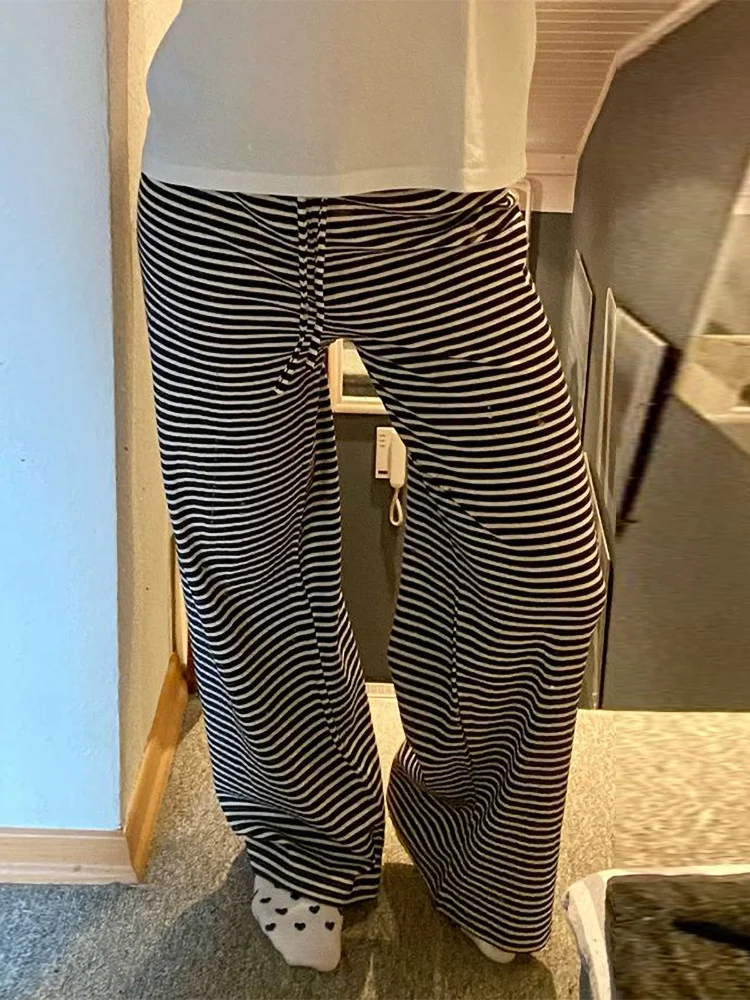 nvxiot  -  Stripe American Casual Loose Straight Pants Women's Lace-up Low Rise Wide Leg Pants Versatile Trousers Female Streetwear