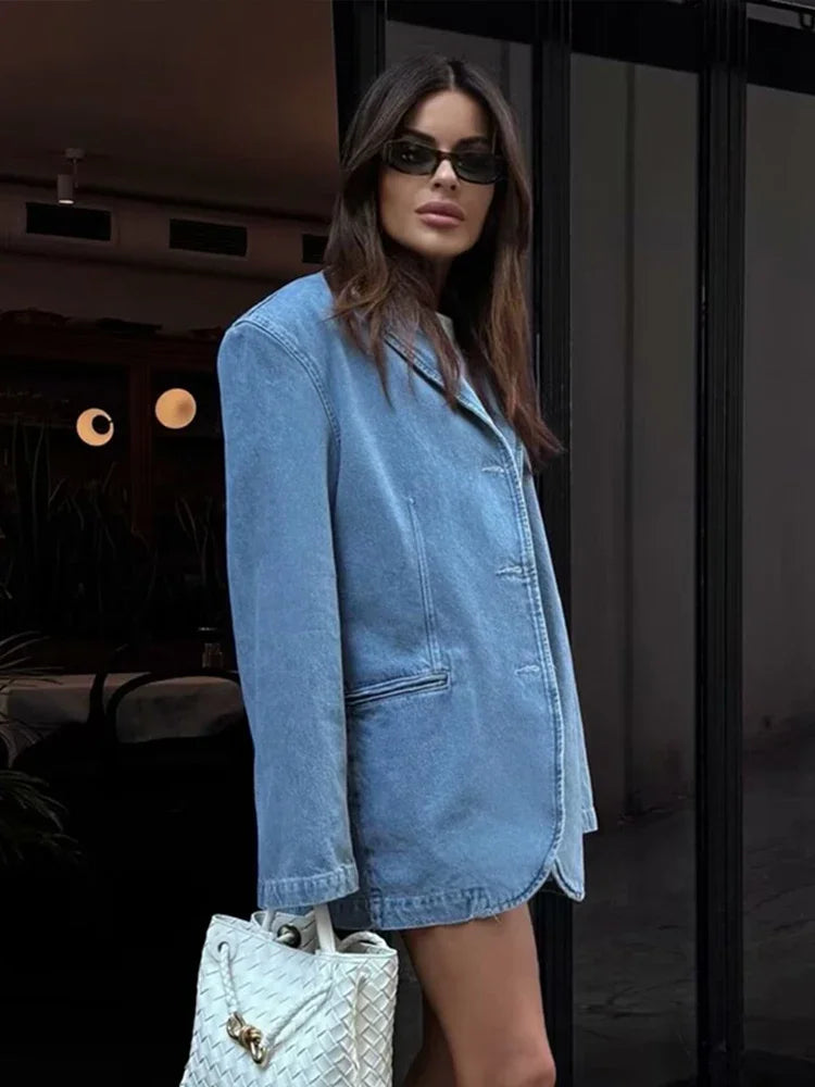 nvxiot  -  Elegant Solid Women Denim Coat Turn-down Collar Single Breasted Loose Female Jacket 2024 Spring Autumn New Fashion Lady Coats