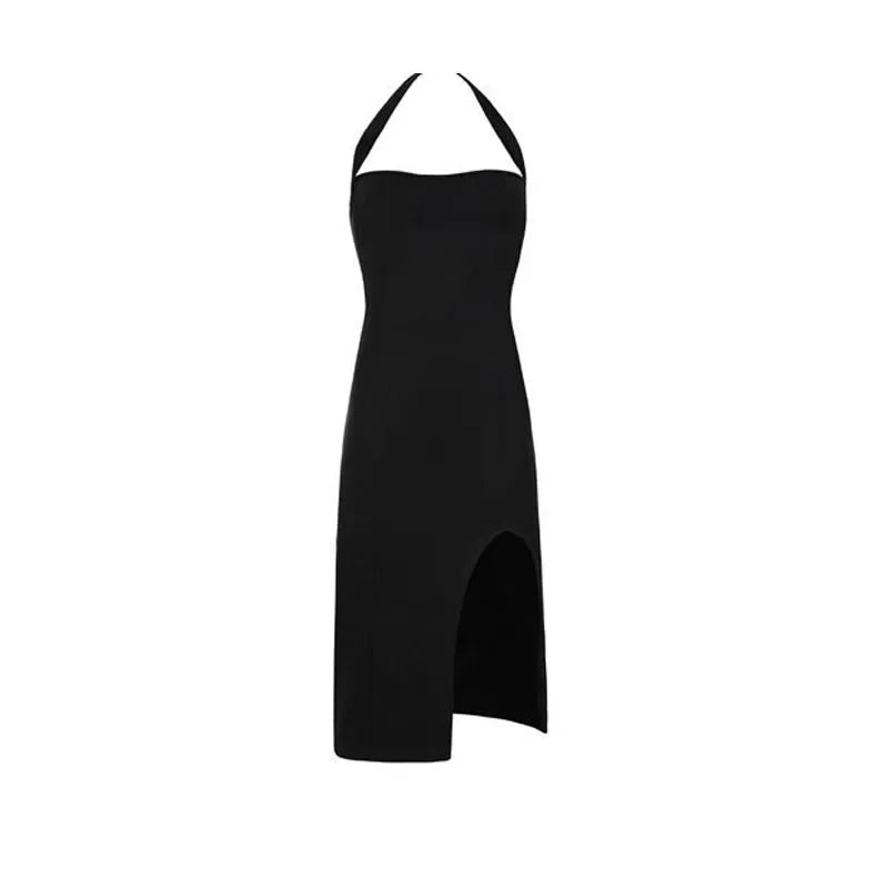 nvxiot-CLUB OUTFITS Black Halter Dresses Women Sexy Streetwear Side-slit Female Temperament Backless Summer Korean Style Casual Fashion Ins Simple