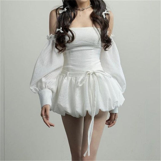 nvxiot White Dress for Women Strapless Lace Up Detachable Lantern Sleeve Mini A-line Dress Female Elegant Style  New