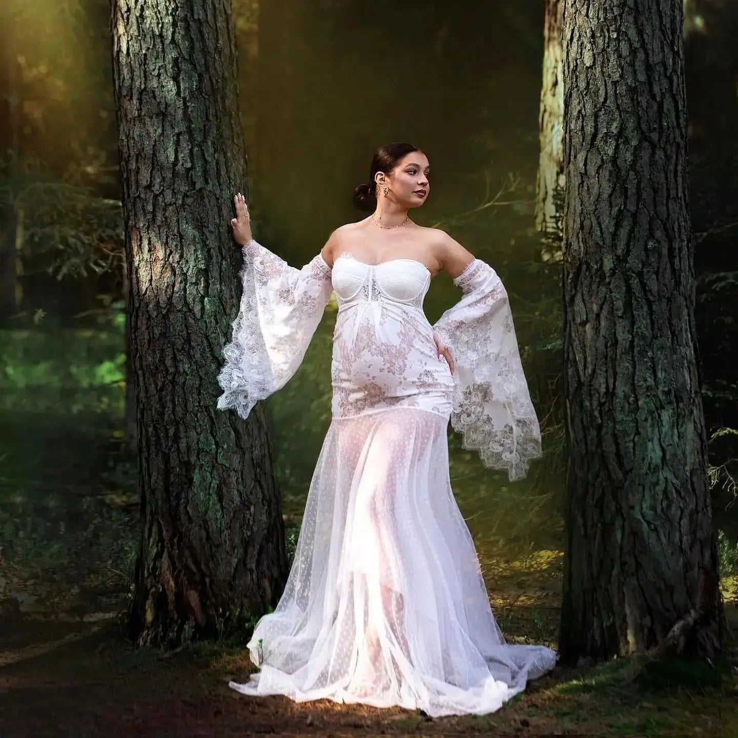 nvxiot  -  White Mermaid Maternity Robes for Photography Lace Long Sleeves Pregnant Women Dresses See Thru Sweetheart Babyshower Gowns