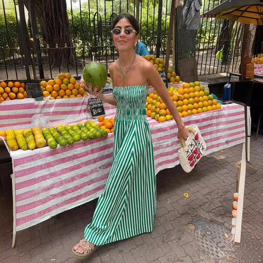 nvxiot  -  Green Striped Strapless Maxi Dress for Women Sexy Folds Sleeveless Slim Beach Dress Female Caual Dress Bohemia Outfits 2024