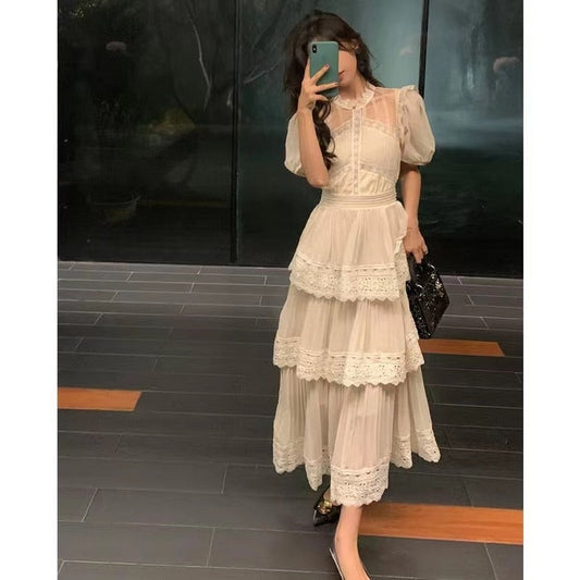 nvxiot Summer Fashion Layer Ruffles Cake Dress Women Flower Embroidery Lace Chiffon Dresses Female Prom Evening Party Night Luxury