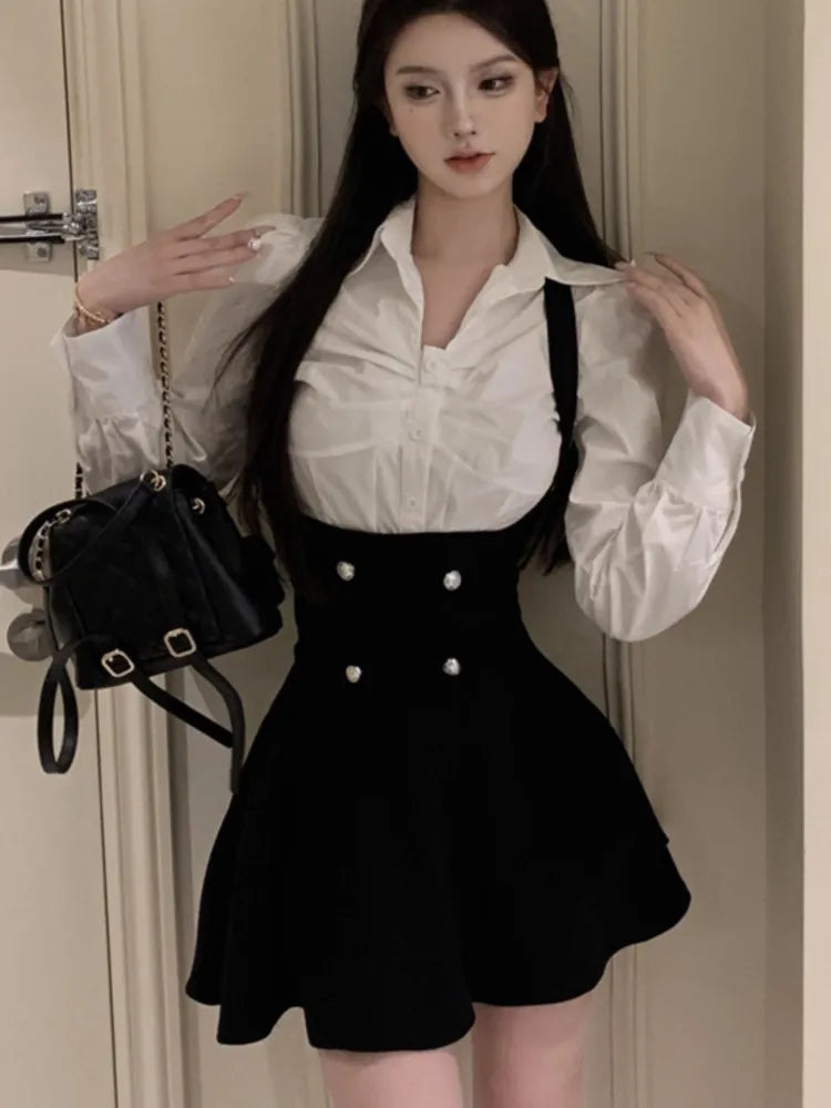 nvxiot Y2K 3 Piece Set Women Cropped Coat + Long Sleeve Shirt + High Waist Halter Ruffles Mini Dress Korean Chic Fashion Sexy Outfits