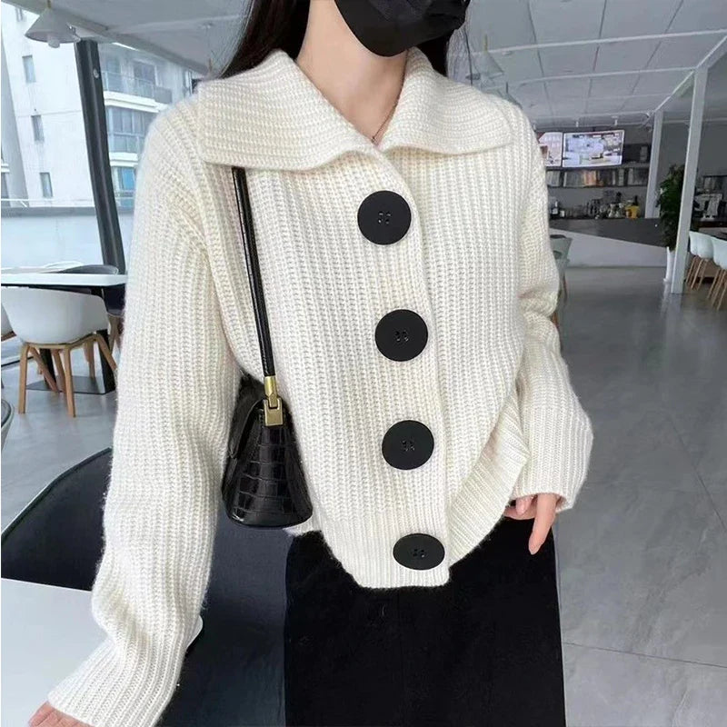 nvxiot Polo Collar Sweater for Women Knitted Cardigan Autumn Button Loose Thickened Warm Coat Top Women's Winter Warm Sweater Cardigan