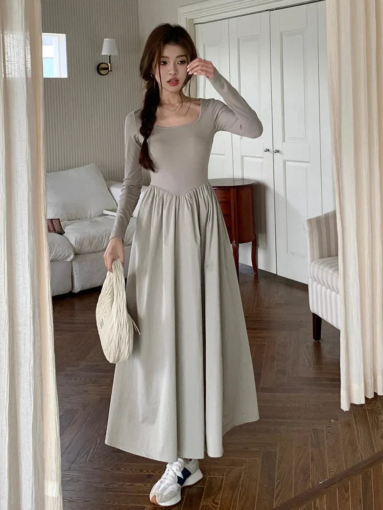 nvxiot-New Autumn Fashion Elegant Black Midi Dress for Women Long Sleeve Square Neck Simple Solid Vintage Chic Ladies Dresses Korean