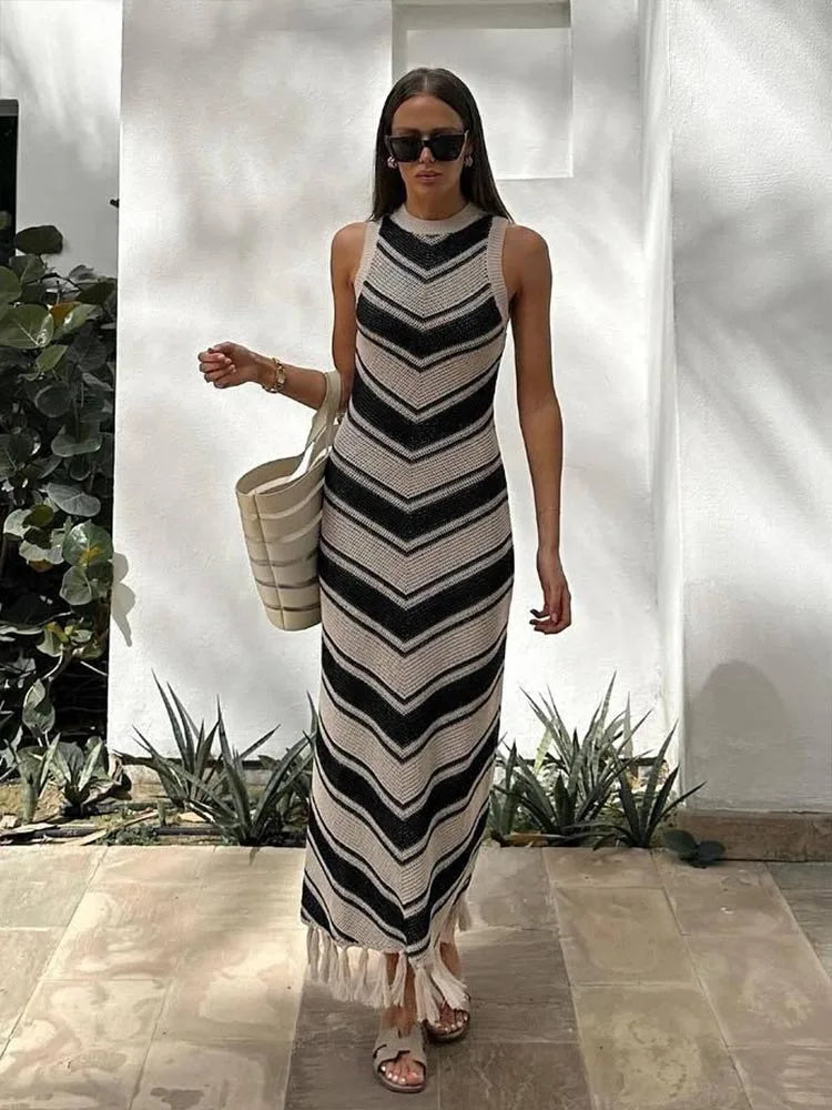 nvxiot-Summer Knitted Beach Dress Women Elegant Fashion Tassel Striped Long Dresses Summer Slim Bohemian Holiday Outfits 2024 Beachwear