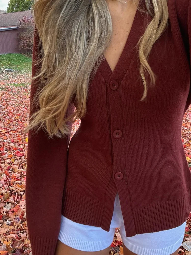 nvxiot  -  Women's Classic Brown Red V-neck Knitted Cardigan Fashion Single Breasted Loose Long Sleeve Sweater Autumn New Street Knitwear