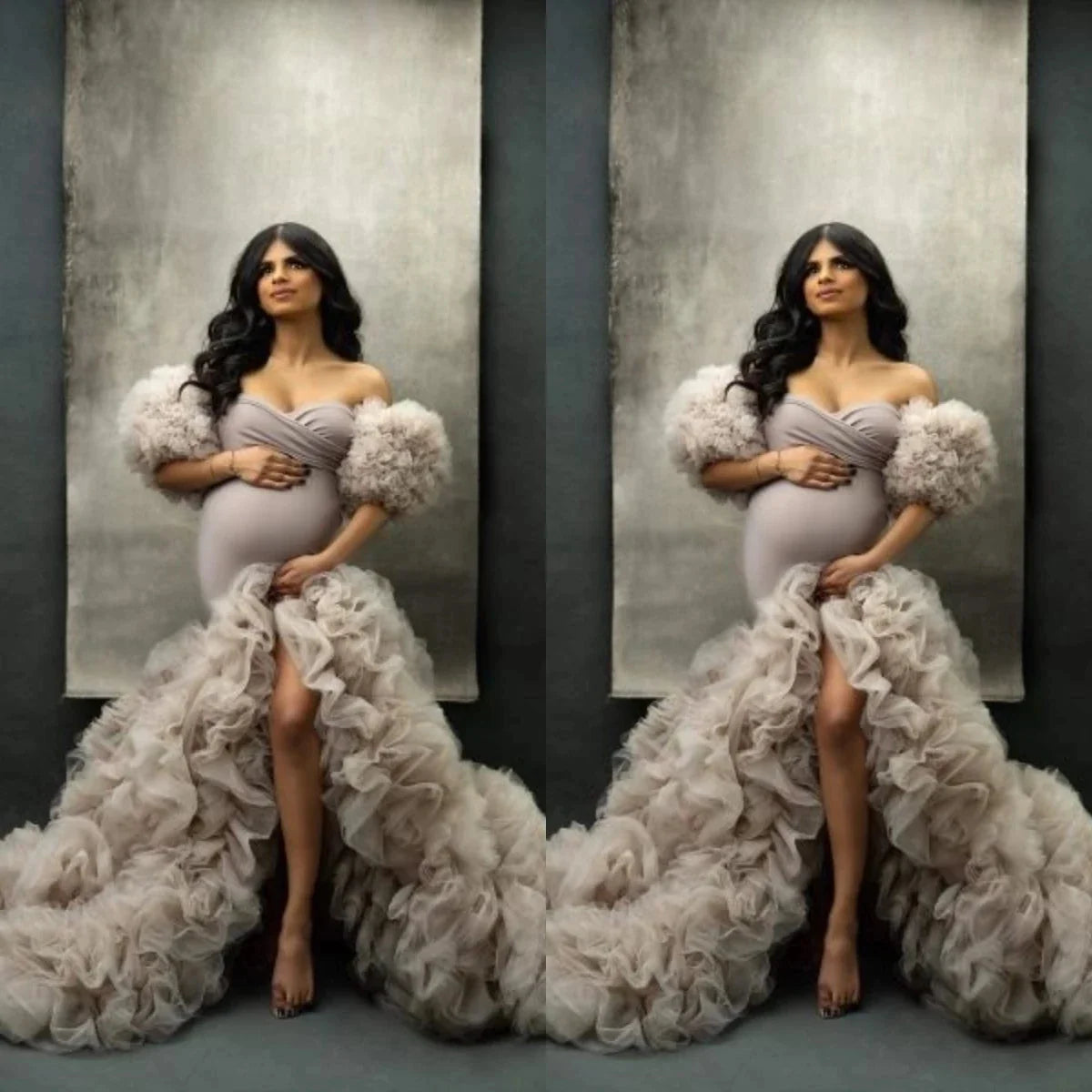 nvxiot  -  High Slit Prom Dresses Ruffles Maternity Robes for Photo Shoot Female Pregnant Mermaid Evening Gowns Customise