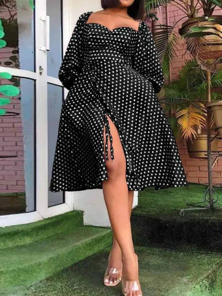 nvxiot Sexy Polka Dot Dress Fashion Split Slim Fit Lantern Sleeve Midi Robes Femmes Knee Length Chest Wrapping Autumn Casual Going Out