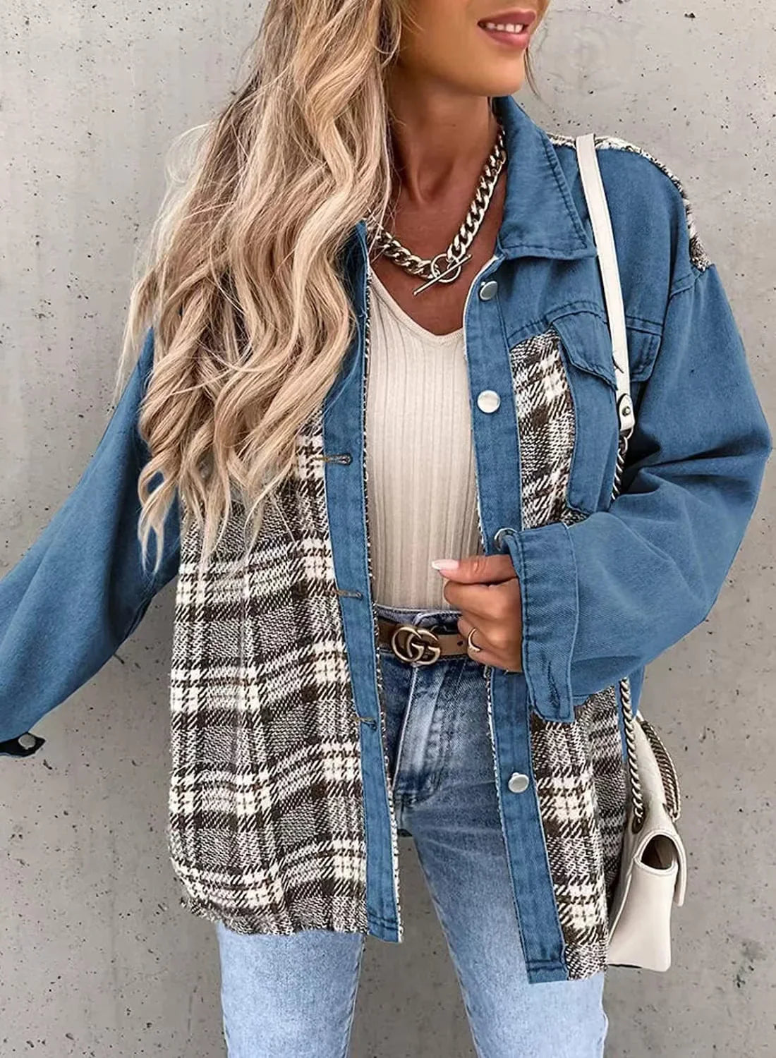 MQTIME  -   2024 New Autumn Women Button Coat Spring Irregular Tops Outwear Mujer Vintage Fashion Plaid Print Patchwork Denim Jacket Elegant