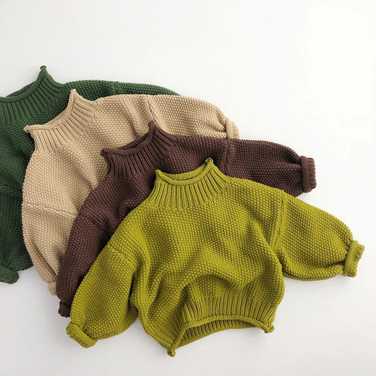 MQTIME  -  Winter Korean Style Kids Sweater Vintage Boys Knitwear Solid Turtleneck Girls Sweaters Coat