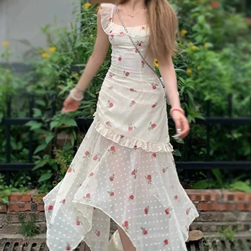 MQTIME  - Elegant Sweet Floral Dress Coquette Kawaii Resort Dress Tull Sleeveless Sexy Irregular Summer Patchwork Long Dresses