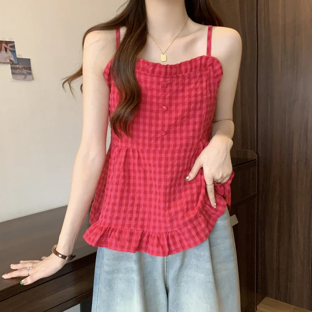nvxiot  -   Mushroom edge versatile rose red cute chubby sister camisole tank top large women's shirt M-4XL 100kg Y2K