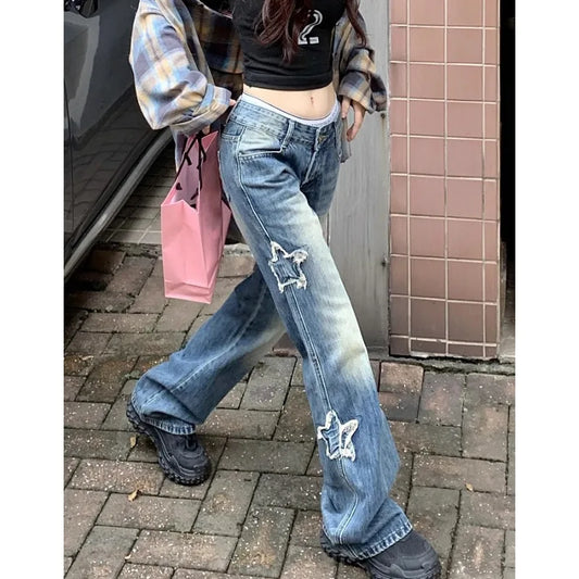 nvxiot Low-rise Star Embroidery Sexy Slim Jeans Women Y2K Autumn New High Street Fashion All Match Denim Wide Leg Pants