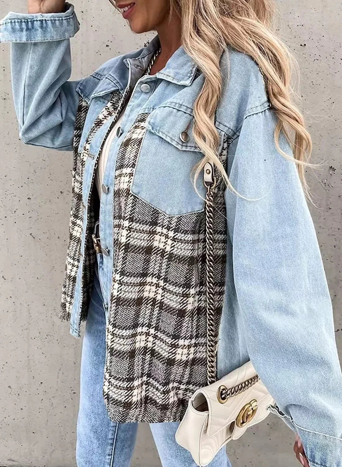 MQTIME  -   2024 New Autumn Women Button Coat Spring Irregular Tops Outwear Mujer Vintage Fashion Plaid Print Patchwork Denim Jacket Elegant