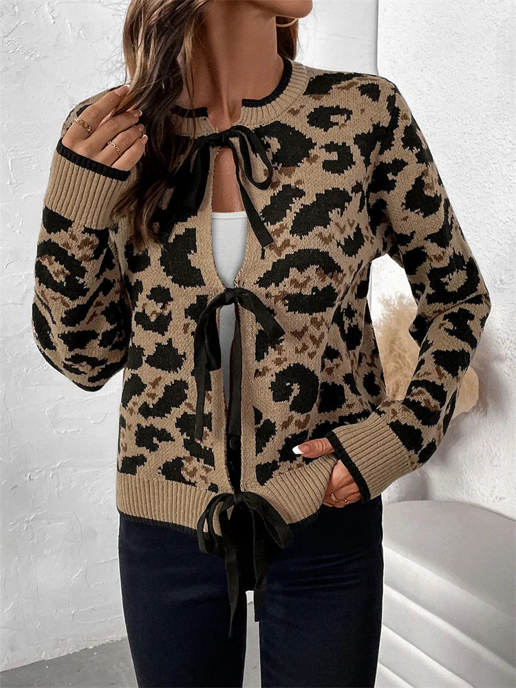 nvxiot  -  Knit Printed Bandage Cardigan Sweater Female Hollow Out Patchwork Slim Leopard Tee Bow Lace-Up Top Knitwear Cardigan Top