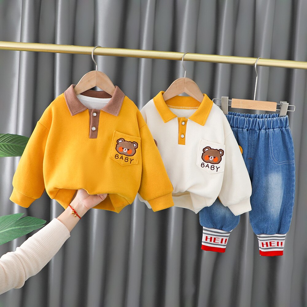 nvxiot Spring Autumn Children Boys Girls 2PCS Clothing Set Embroidery Cartoon Bear Sweatshirts Jeans Pants Baby Girl Sports Suit