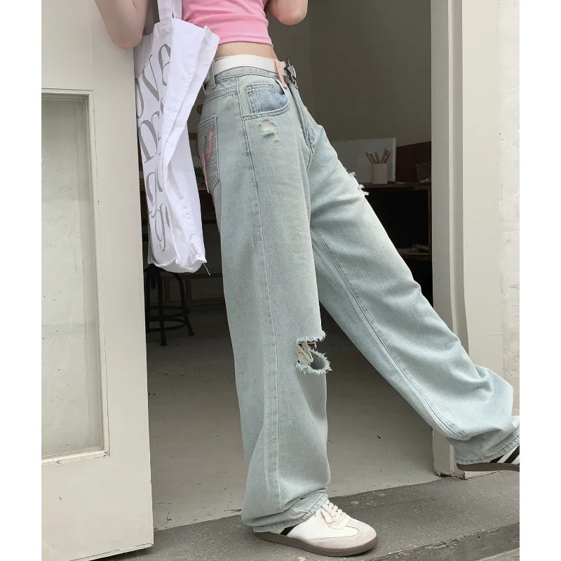 nvxiot Streetwear Hollow Hole Loose Casual Jeans Women Y2K Summer New High Waist Fashion Distressed Washed Wide Leg Pants