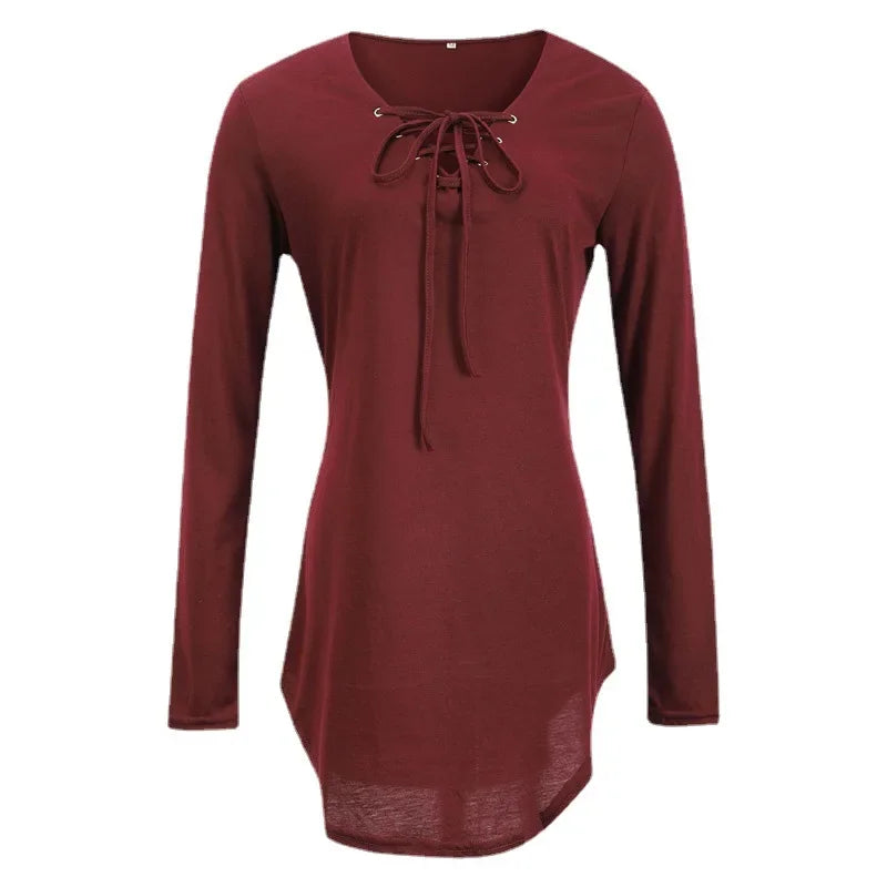 MQTIME  -  European and American women's clothing 2024 autumn new T-shirt fashion tie V-neck corn tie solid color crop top women  YBF36-3