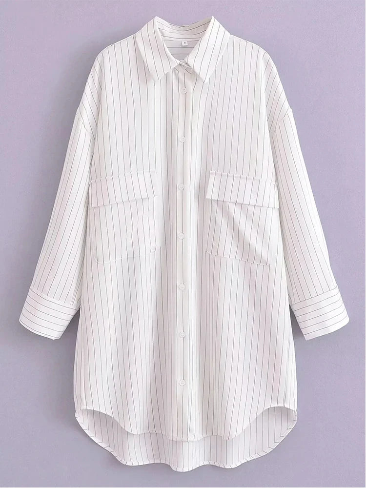 nvxiot White Stripe Shirt Dress Women Autumn Spring Slit Casual Oversize Single Breasted Turn Down Collar Short Summer Dress