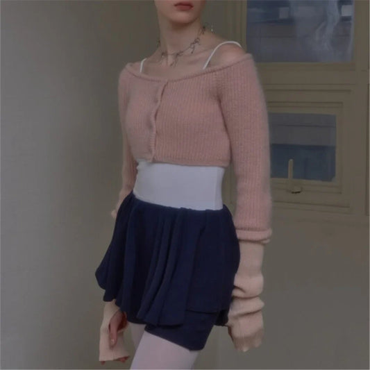 nvxiot Korean fashion pink cardigans for woman sexy cropped sweaters for women 2024 Winter clothes long sleeve top korean knitted