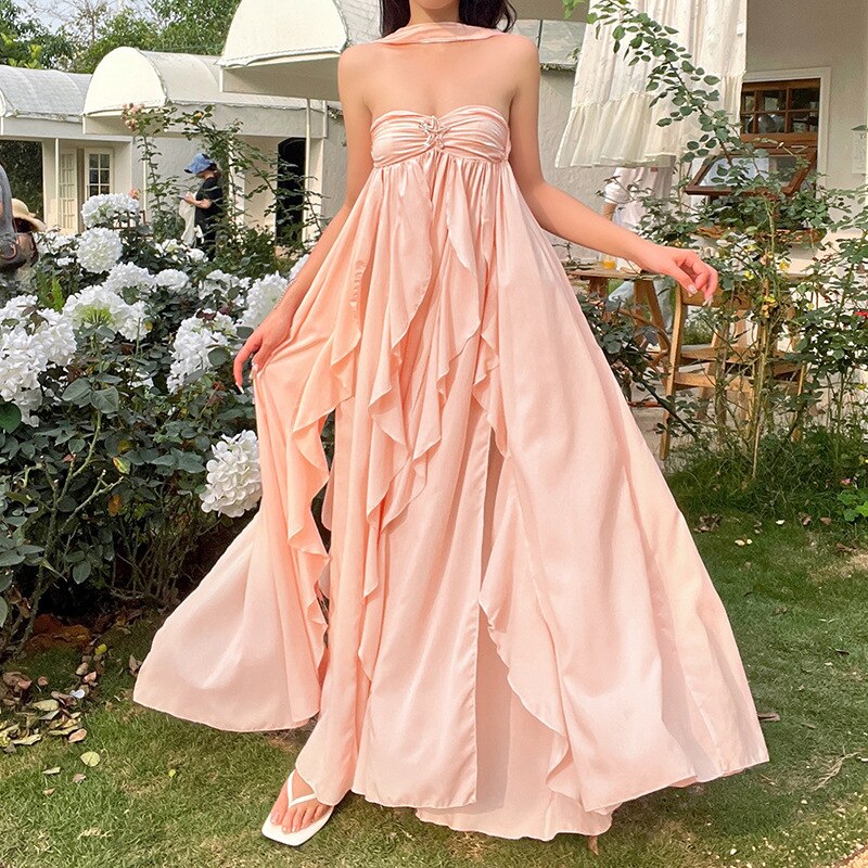 nvxiot Y2K Ruffles Fairy Dress Women Pink Mesh Strapless Maxi Dress Summer Irregular Sexy Backless Party Dress 2023 Summer Beach Outfit